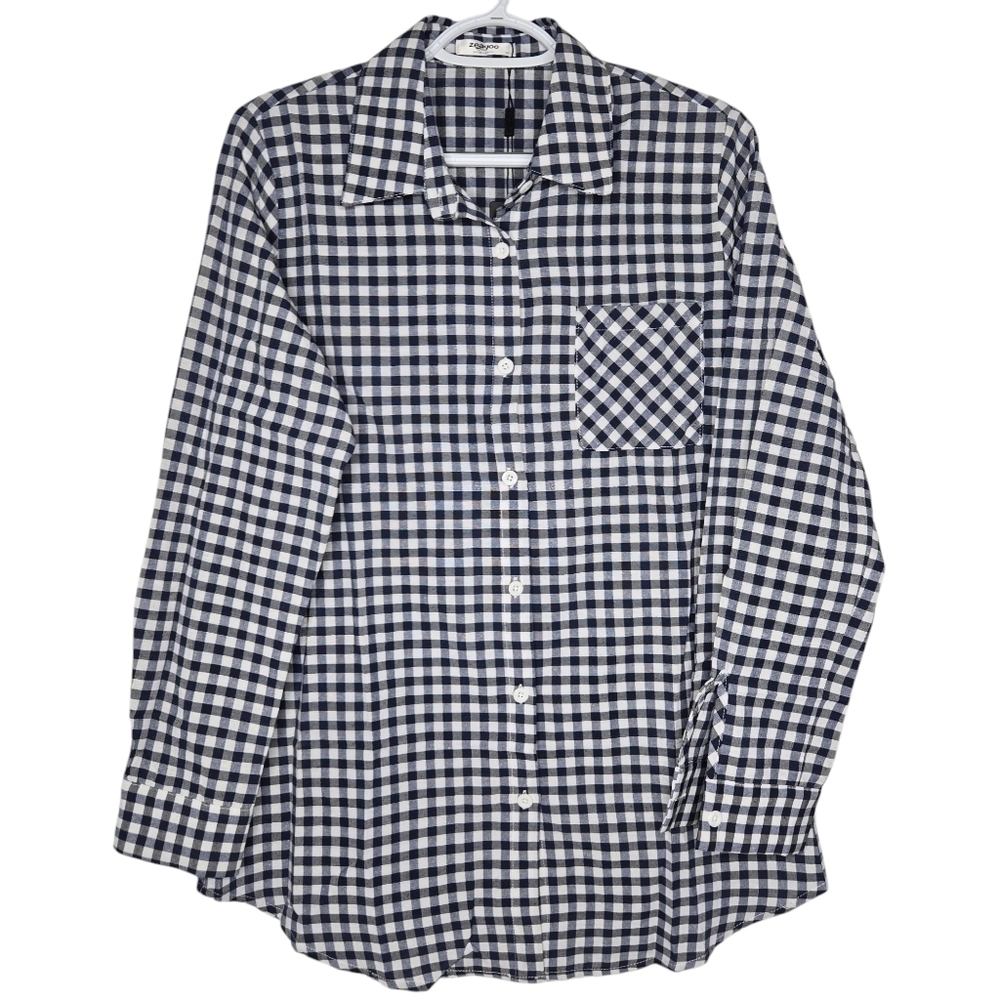 Zeagoo Womens Navy Blue Gingham Plaid Button Up Shirt Size Medium